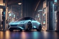 Futuristic electric car being charged on a large charging station, AI generated