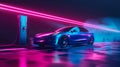 Futuristic electric car charging at neon-lit station. Sleek sedan under vibrant lights at night. Concept of eco-friendly Royalty Free Stock Photo