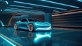 A futuristic electric car is connected to a charging station in the underground parking of the business center. Automotive