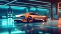 A futuristic electric car is connected to a charging station in the underground parking of the business center. Automotive