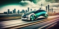Futuristic electric car driving on urban highway road