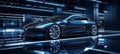 Futuristic electric car with holographic wireframe digital technology background Royalty Free Stock Photo