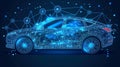 Futuristic electric car with holographic wireframe digital technology background Royalty Free Stock Photo