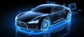 Futuristic electric car with holographic wireframe digital technology background Royalty Free Stock Photo