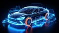 Futuristic electric car with holographic wireframe digital technology background Royalty Free Stock Photo