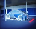 Futuristic Electric Car on Inductive Charging Station, realistic 3d rendering illustration, futuristic concept