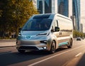 Futuristic electric cargo delivery minivan truck driving on city highway with full autonomous driving system parked at
