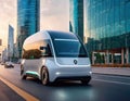 Futuristic electric cargo delivery minivan truck driving on city highway with full autonomous driving system parked at