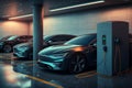 Futuristic Electric cars at the charging station in the supermarket public parking, Generative AI