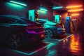 Futuristic Electric cars at the charging station in the supermarket public parking, Generative AI