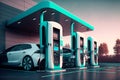 Futuristic Electric cars at the charging station in the supermarket public parking, Generative AI