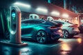 Futuristic Electric cars at the charging station in the supermarket public parking, Generative AI