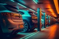 futuristic Electric cars at the charging station in the supermarket public parking, Generative AI