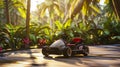 Futuristic electric golf kart in the middle of tropical park