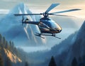 Futuristic Electric Helicopter Flying Over Mountains