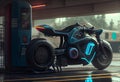 Futuristic electric motorcycle at a charging station