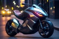 A futuristic electric motorcycle parked on a modern a public square