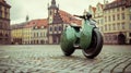 Futuristic electric motorcycle parked on the old town square