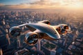 Futuristic electric plane with modern city on background, AI generative