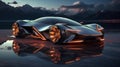 Futuristic electric sport car against rocky background. Generative AI