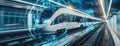 Futuristic electric train speeding through a modern station with dynamic light trails