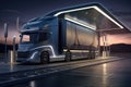 futuristic electric truck charging at solar-powered station