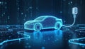 Futuristic electric vehicle charging tech. EV car connected to blue digital charger. Abstract binary code background. Eco Royalty Free Stock Photo