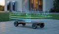 Futuristic electric vehicle skateboard chassis platform with holographic performance data analytics Royalty Free Stock Photo