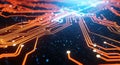 Close up view of glowing orange circuit board traces with dynamic blue light streams representing complex digital data flow and Royalty Free Stock Photo