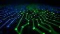 A futuristic electronic circuit board illuminated by glowing green and blue light trails embodies the concept of data transfer and Royalty Free Stock Photo