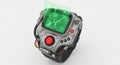Futuristic electronic device with green screen and control panel featuring circuit board and red buttons on metallic surface Royalty Free Stock Photo
