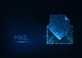 Futuristic electronic mail documentation concept with glowing low poly envelope and paper document. Royalty Free Stock Photo
