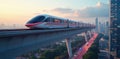 Futuristic elevated train gliding through cityscape  urban development  skytrain  elevated train Royalty Free Stock Photo