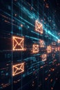 Futuristic Email, A modern email interface featuring bright, glowing icons and digital graphics representing a data