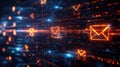 Futuristic Email, A modern email interface featuring bright, glowing icons and digital graphics representing a data