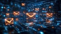Futuristic Email, A modern email interface featuring bright, glowing icons and digital graphics representing a data