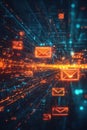 Futuristic Email, A modern email interface featuring bright, glowing icons and digital graphics representing a data