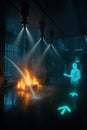A futuristic emergency response system with holographic assistant guiding evacuation as ceiling sprinklers extinguish a fire in Royalty Free Stock Photo