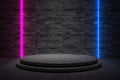 Futuristic empty stage with neon lights and brick wall background Royalty Free Stock Photo