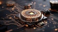 Cutting-edge encryption device shines with intricate patterns of data transfer. Generative AI Illustration.