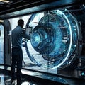 Futuristic energy core research facility with researcher analysing data Royalty Free Stock Photo