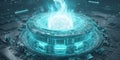 Futuristic energy core surrounded by advanced technology in a digital landscape at night Royalty Free Stock Photo