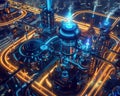 Futuristic energy plant, night, aerial view, neon lines, sustainable change, modern marvel