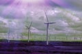 Futuristic energy. Wind farm turbines with eerie purple twilight hue