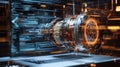 Futuristic engine being designed on laptop with coding