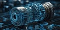 Futuristic engine component displayed with digital overlay showcasing intricate details and technological design Royalty Free Stock Photo