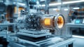 Futuristic engine prototype displayed in an advanced laboratory environment