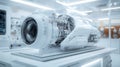 Futuristic engine prototype displayed in an advanced laboratory environment