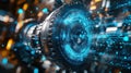 Futuristic engine rotating and generating digital data flow