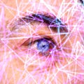 Futuristic enviroment around human eye unreal blue with neon lines of connection or mesurement. The concept of Royalty Free Stock Photo